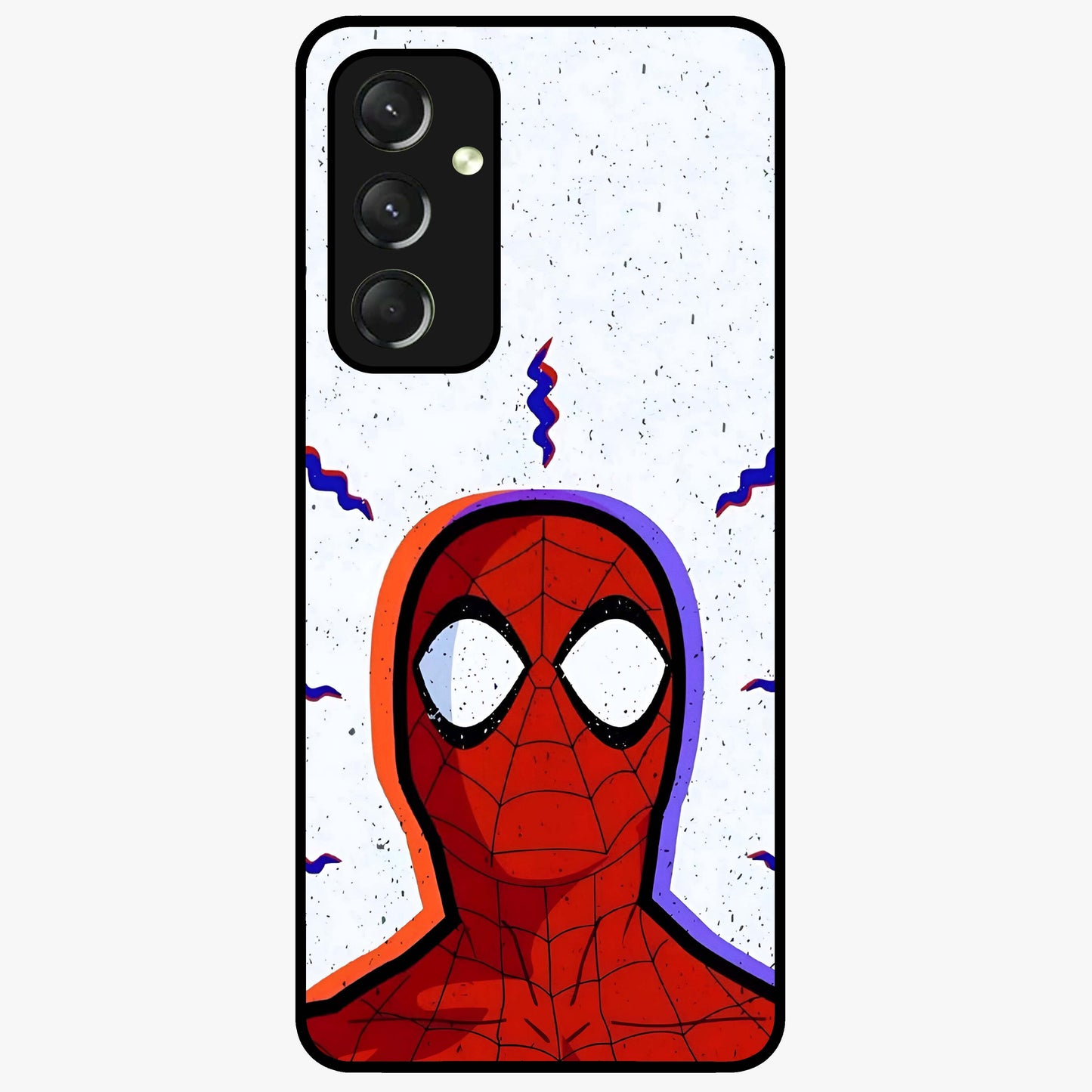 Omg Spiderman Glass Case showing flat back view with bold superhero inspired artwork and glossy glass finish.