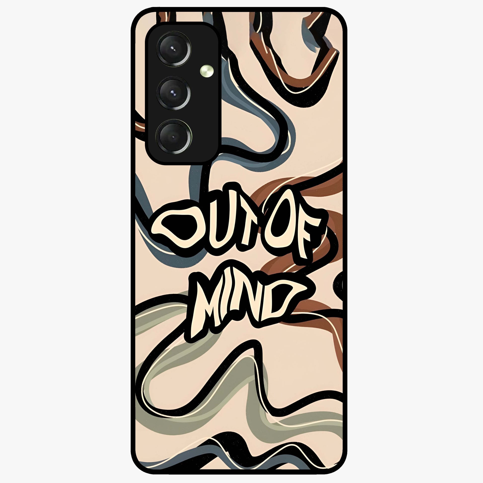 Out Of Mind Glass Case showing flat back view with expressive typography artwork and glossy glass finish.