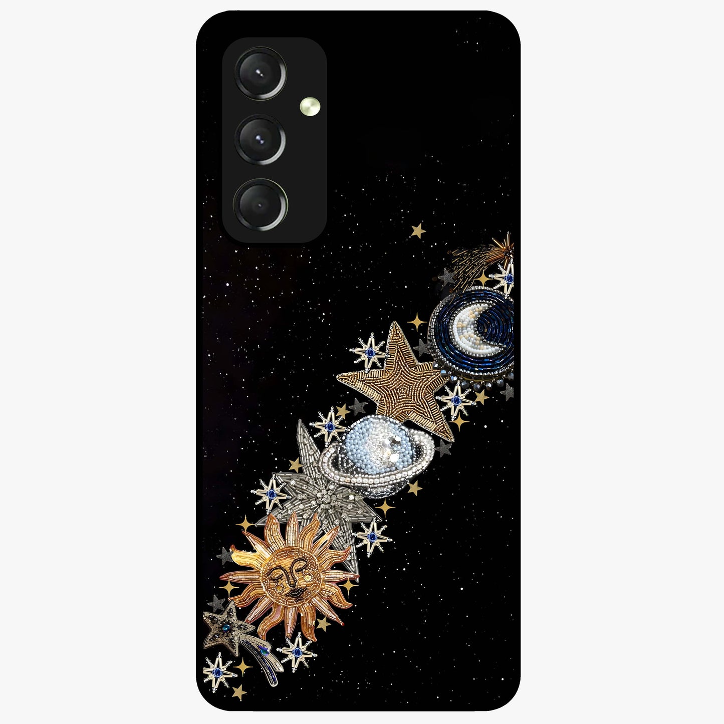 Pearls Universe Object Glass Case showing flat back view with pearl inspired cosmic artwork and glossy glass finish.