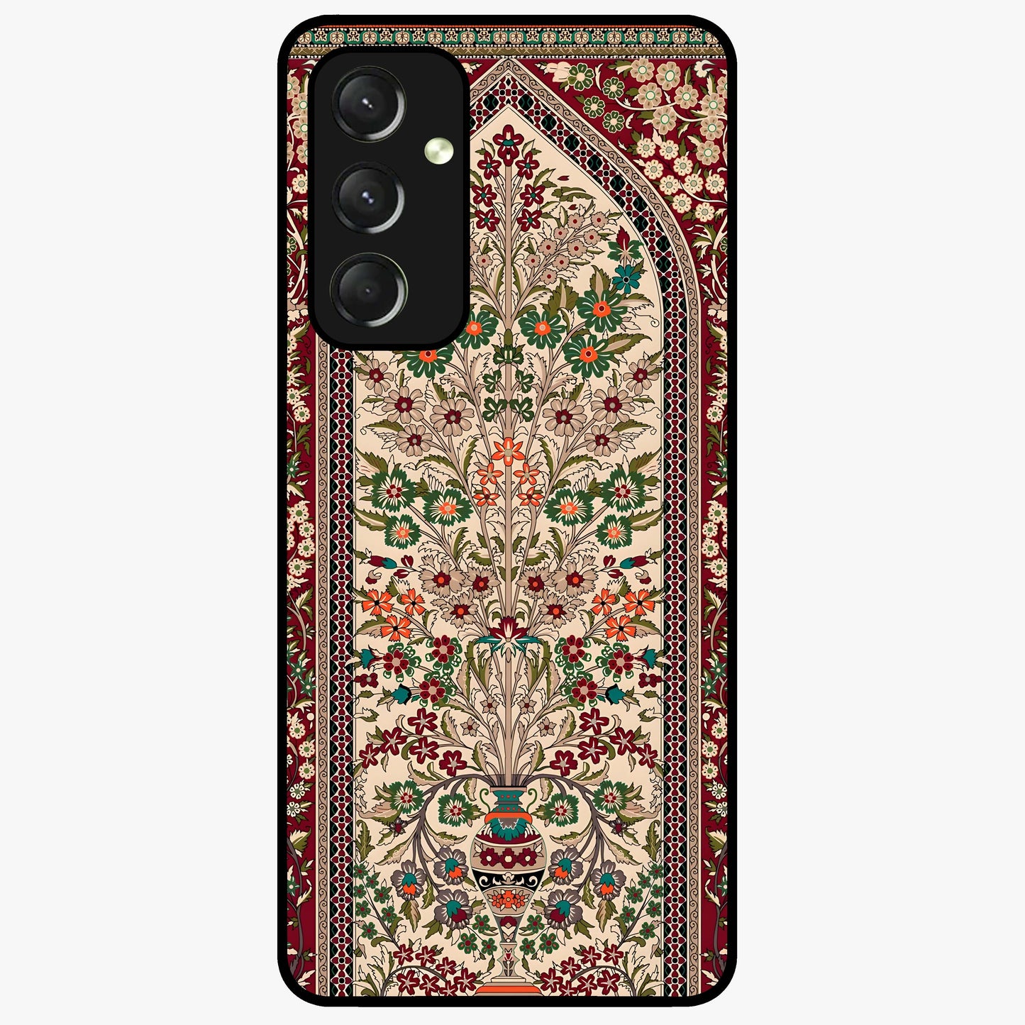 Persian Inspired Glass Case showing flat back view with ornate Persian style pattern artwork and glossy glass finish.