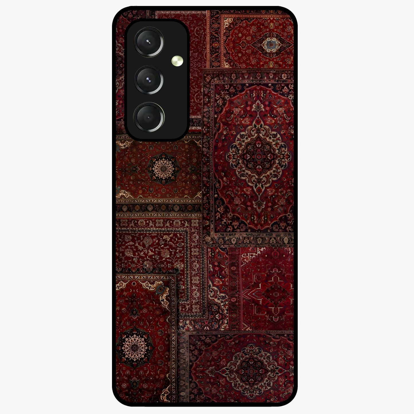 Persian Velvet Tale Glass Case showing flat back view with luxurious Persian velvet pattern artwork and glossy glass finish.