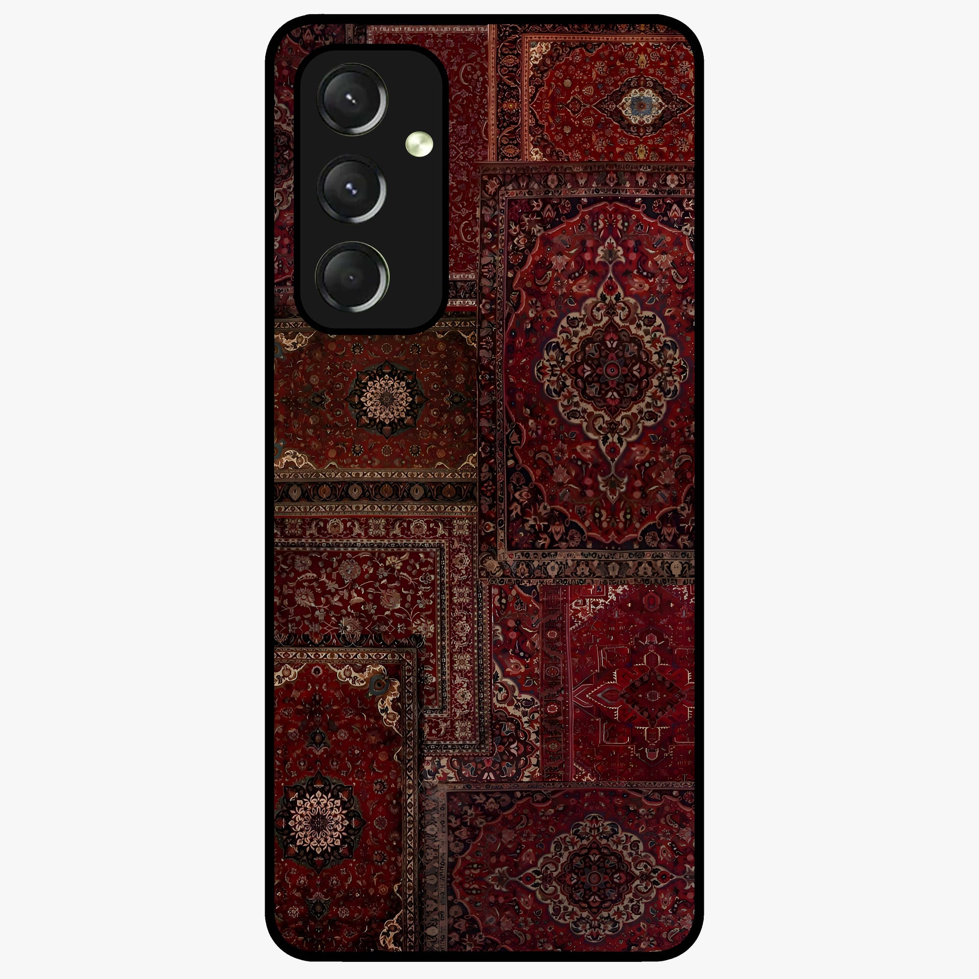 Persian Velvet Tale Glass Case showing flat back view with luxurious Persian velvet pattern artwork and glossy glass finish.