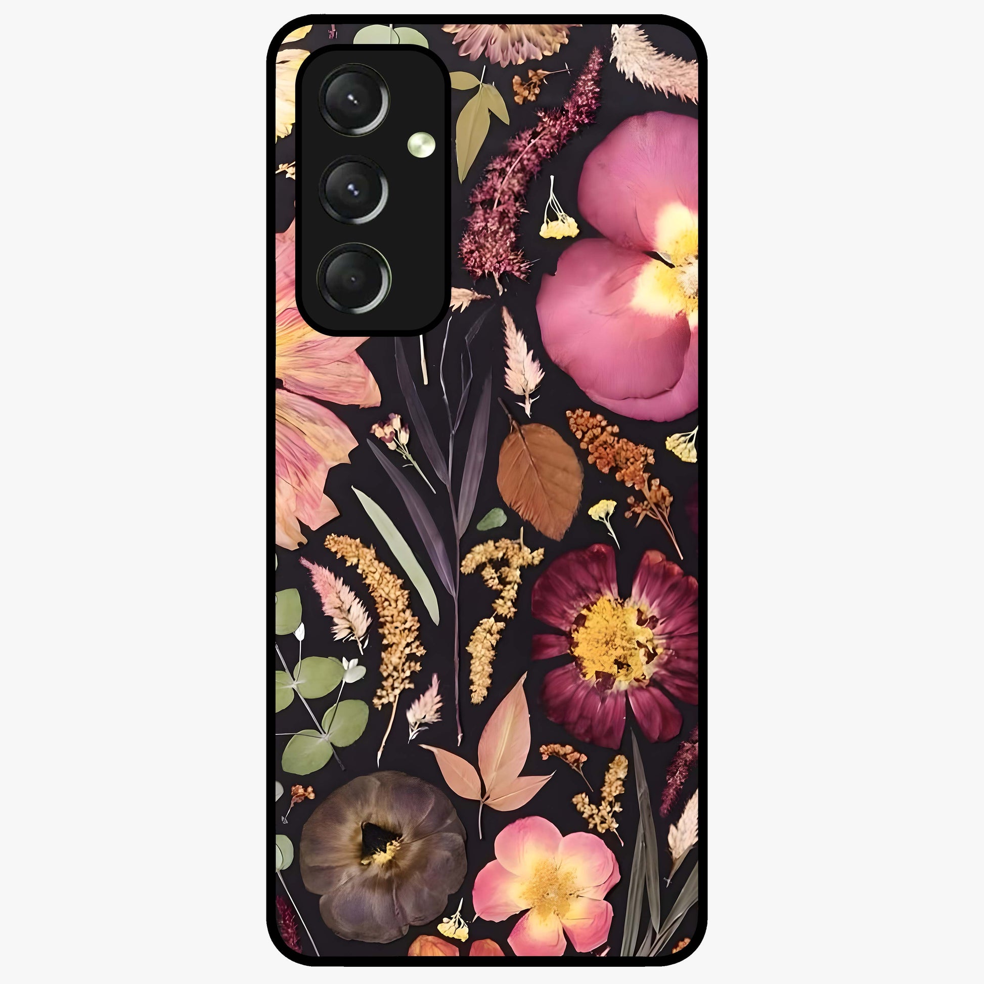 Petal Dream Tapestry Glass Case showing flat back view with intricate floral tapestry artwork and glossy glass finish.