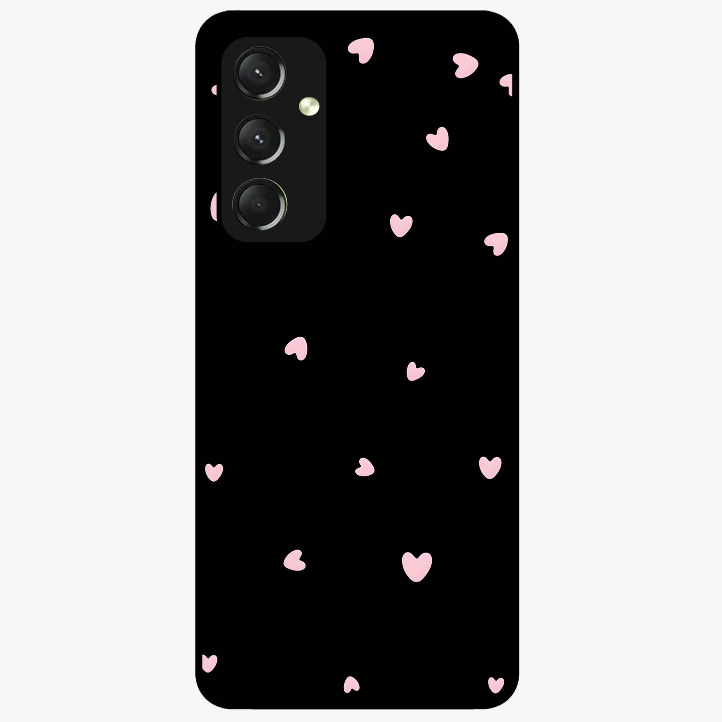 Pink Love Drops Glass Case showing flat back view with playful pink heart drops artwork and glossy glass finish.