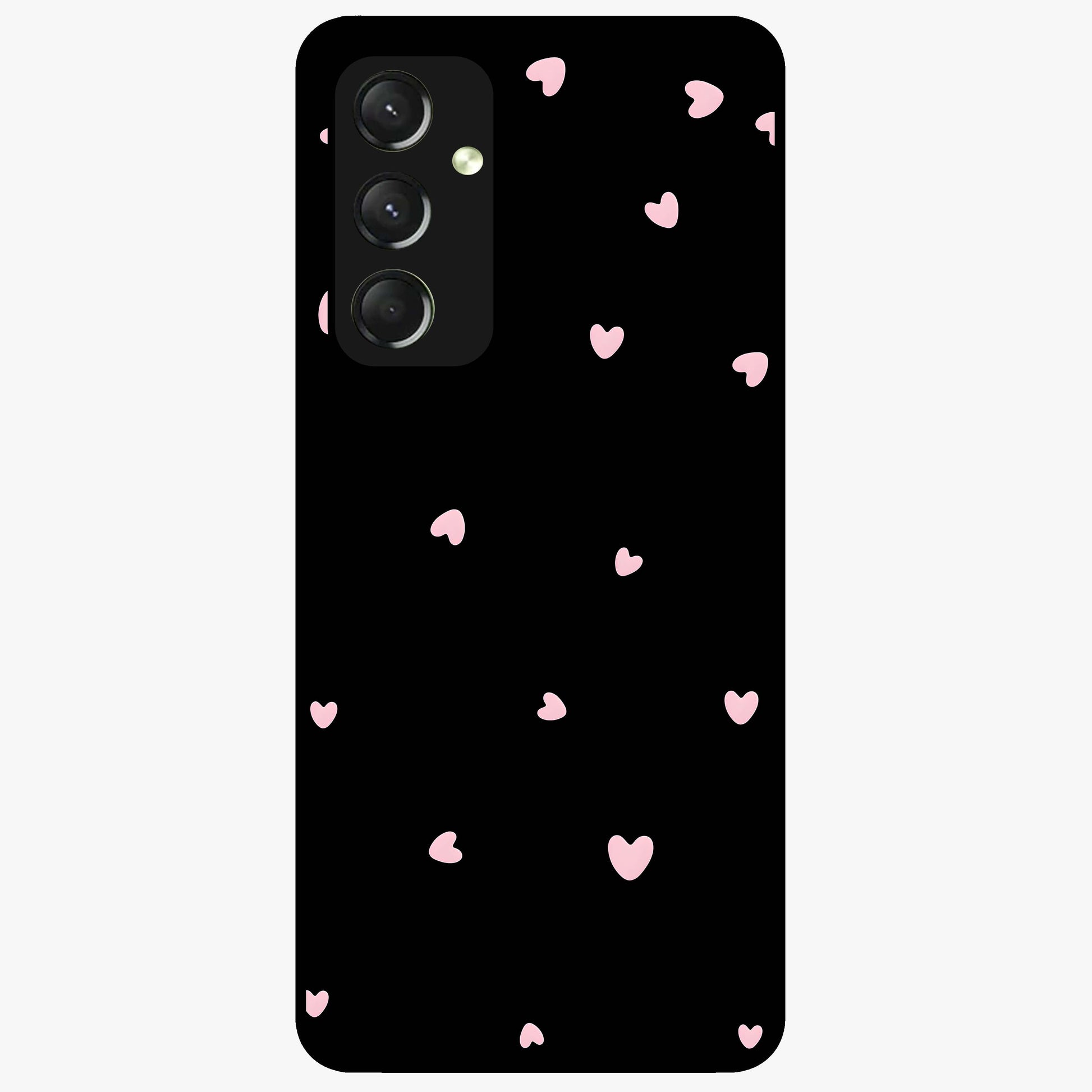 Pink Love Drops Glass Case showing flat back view with playful pink heart drops artwork and glossy glass finish.
