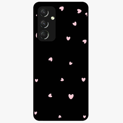 Pink Love Drops Glass Case showing flat back view with playful pink heart drops artwork and glossy glass finish.