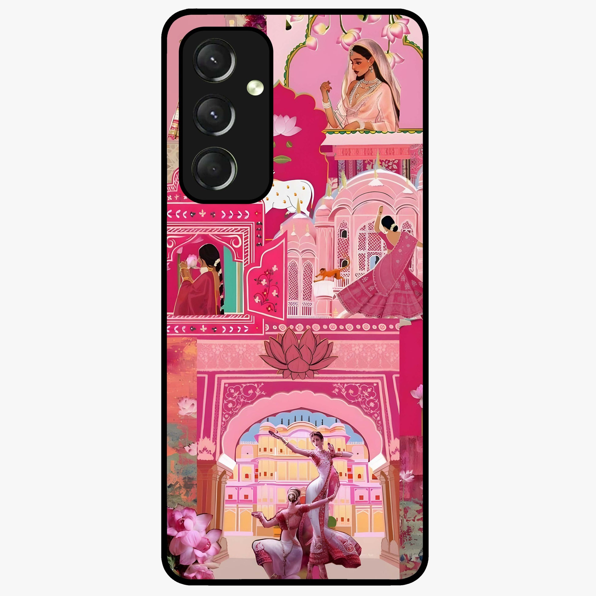 Pink Palace Muse Glass Case showing flat back view with elegant palace inspired artwork and glossy glass finish.