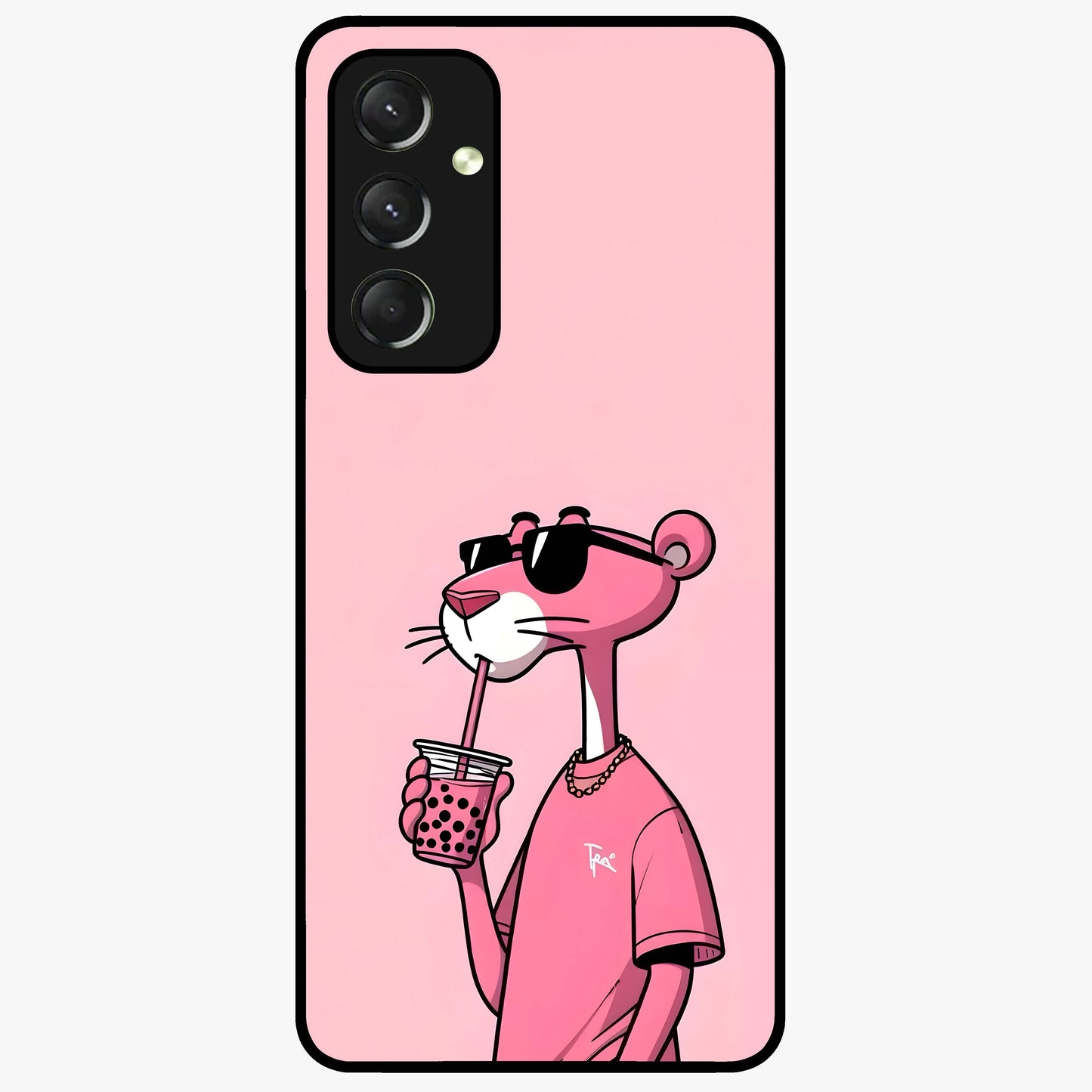 Pink Panther Glass Case showing flat back view with iconic pink panther artwork and glossy glass finish.