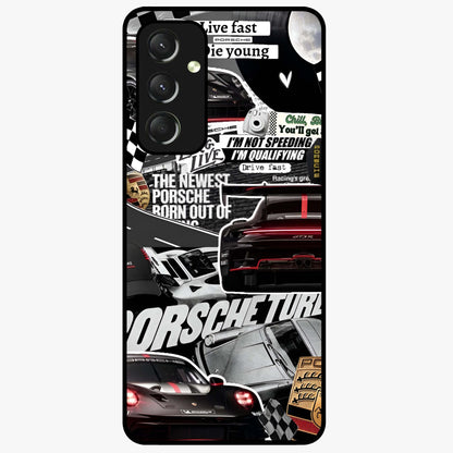 Porsche Racing Collage Glass Case showing flat back view with sports car racing collage artwork and glossy glass finish.