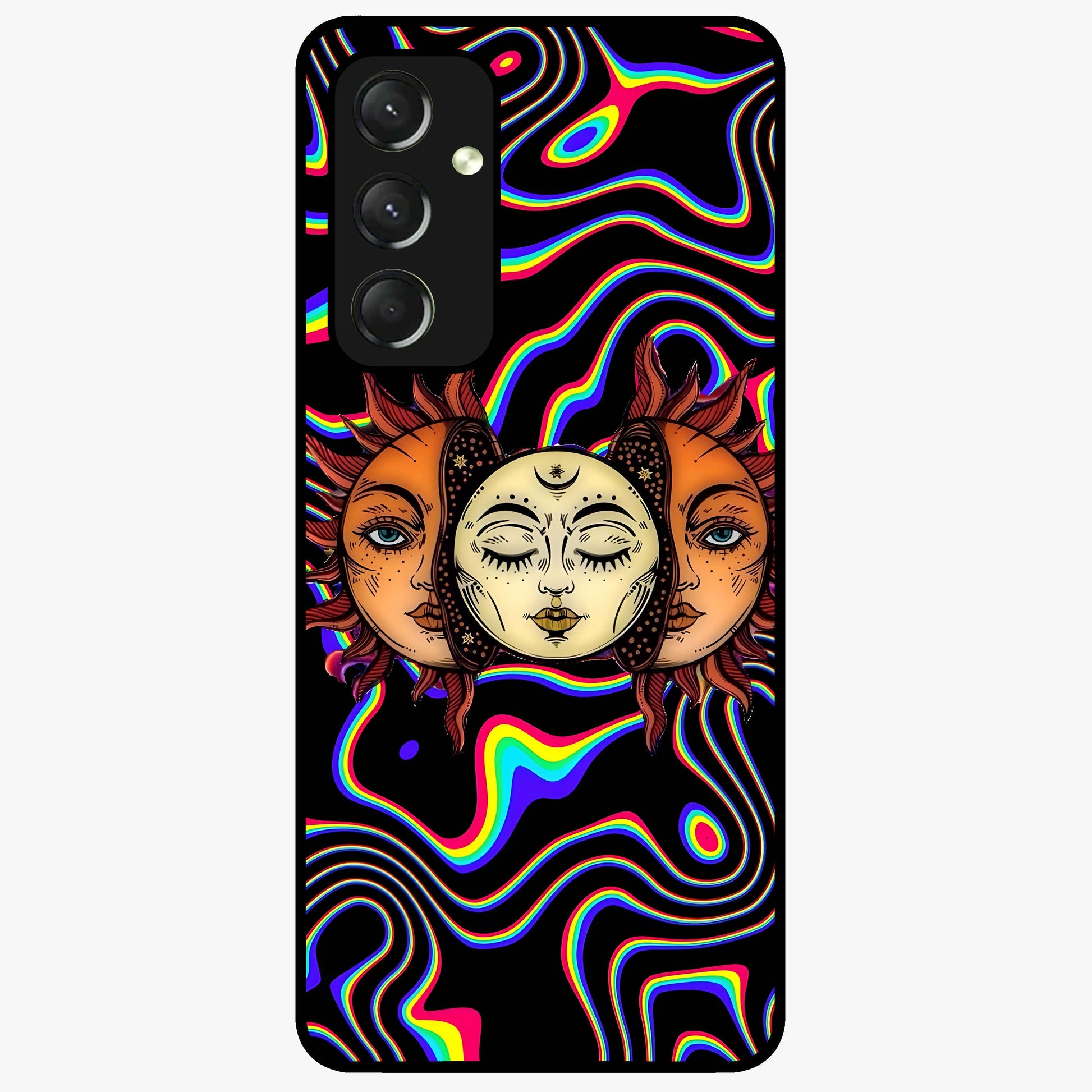 Psychedelic Sun Glass Case showing flat back view with colorful psychedelic sun artwork and glossy glass finish.