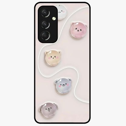 Puffy Face Parade Glass Case showing flat back view with cute puffy character faces artwork and glossy glass finish.