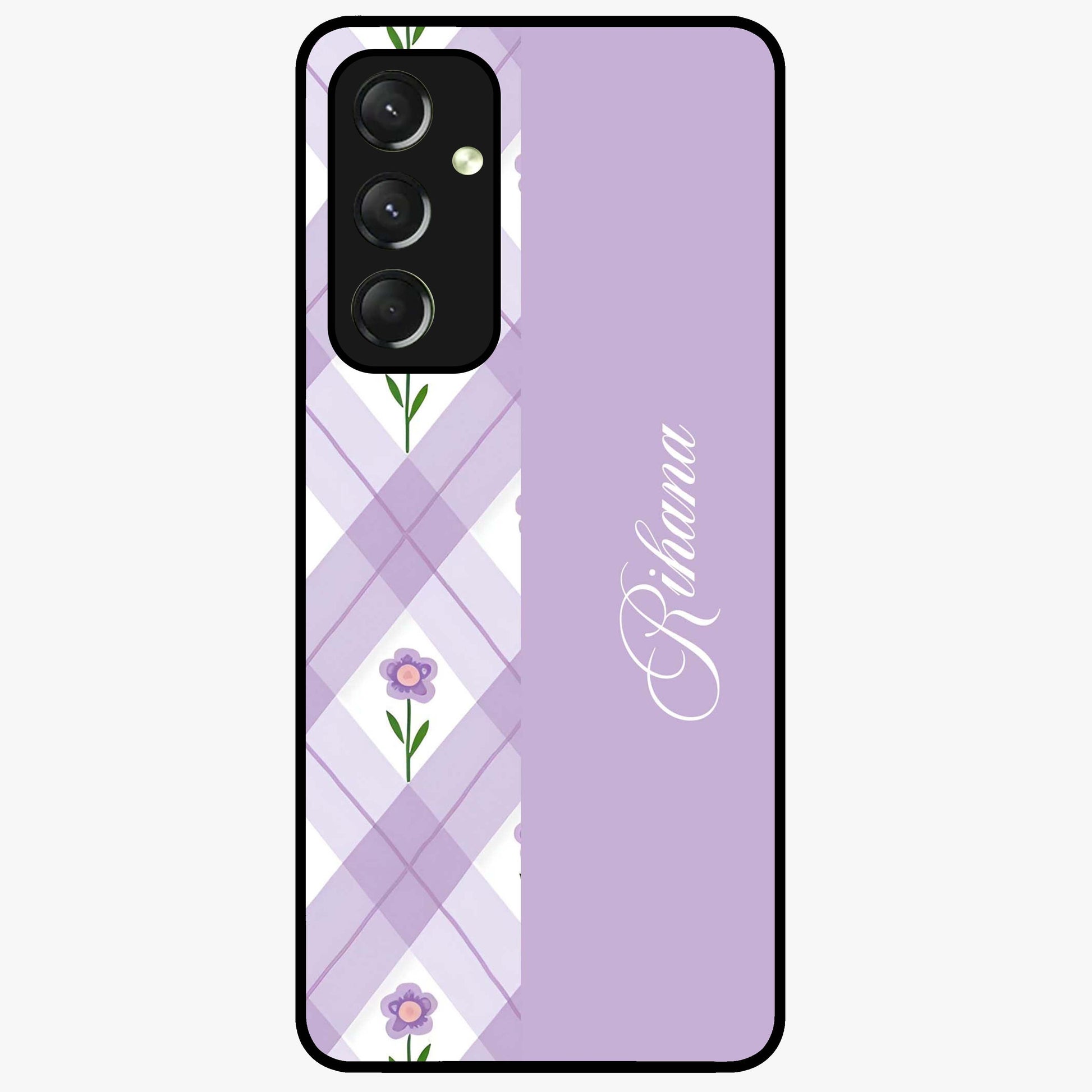 Purple Diamond Floral Glass Case showing flat back view with diamond shaped floral artwork and glossy glass finish.
