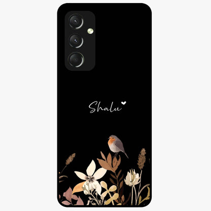 Quiet Garden Tune Custom Name Glass Case showing flat back view with peaceful garden artwork and personalized name design.