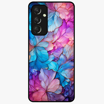 Radiant Floral Whirl Glass Case showing flat back view with swirling floral artwork and glossy glass finish.