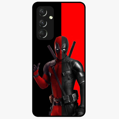 Red & Black Deadpool Theme Glass Case showing flat back view with bold comic inspired artwork and glossy glass finish.