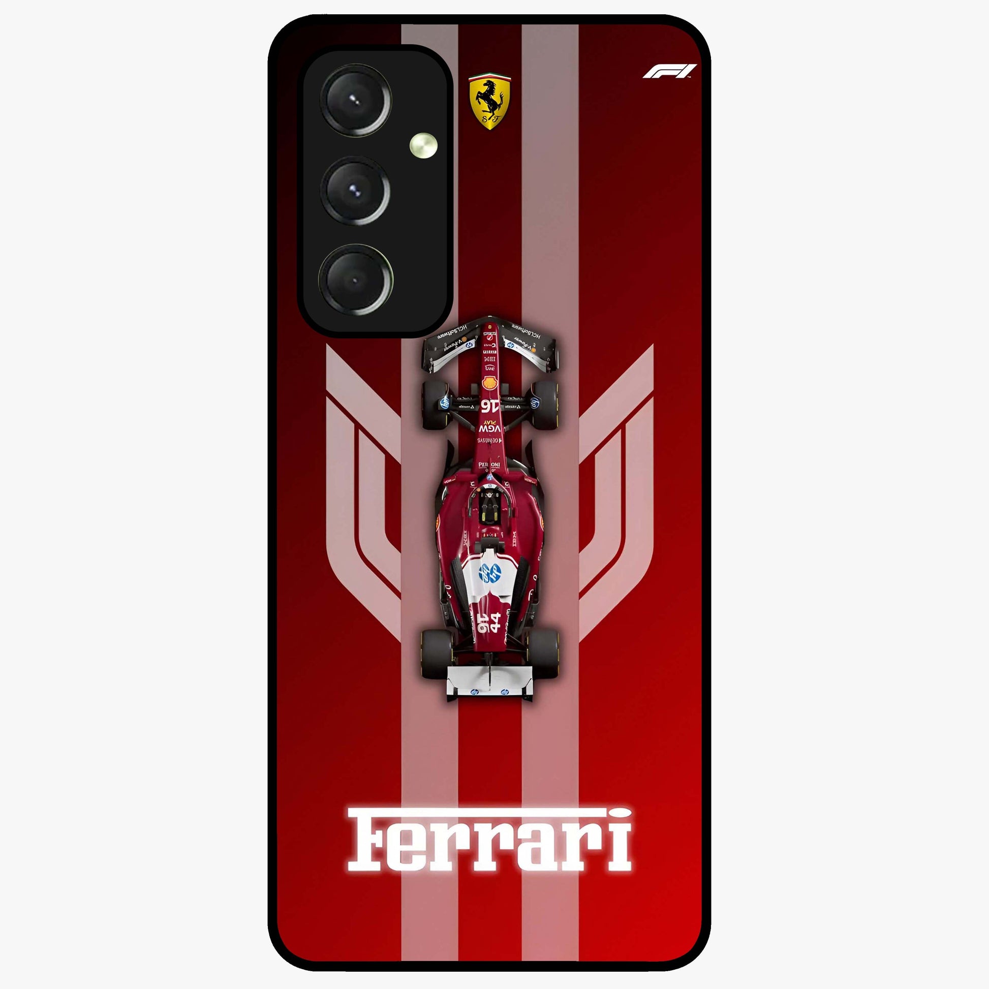 Red Ferrari F1 Vertical Glass Case showing flat back view with sleek Formula racing car artwork and glossy glass finish.