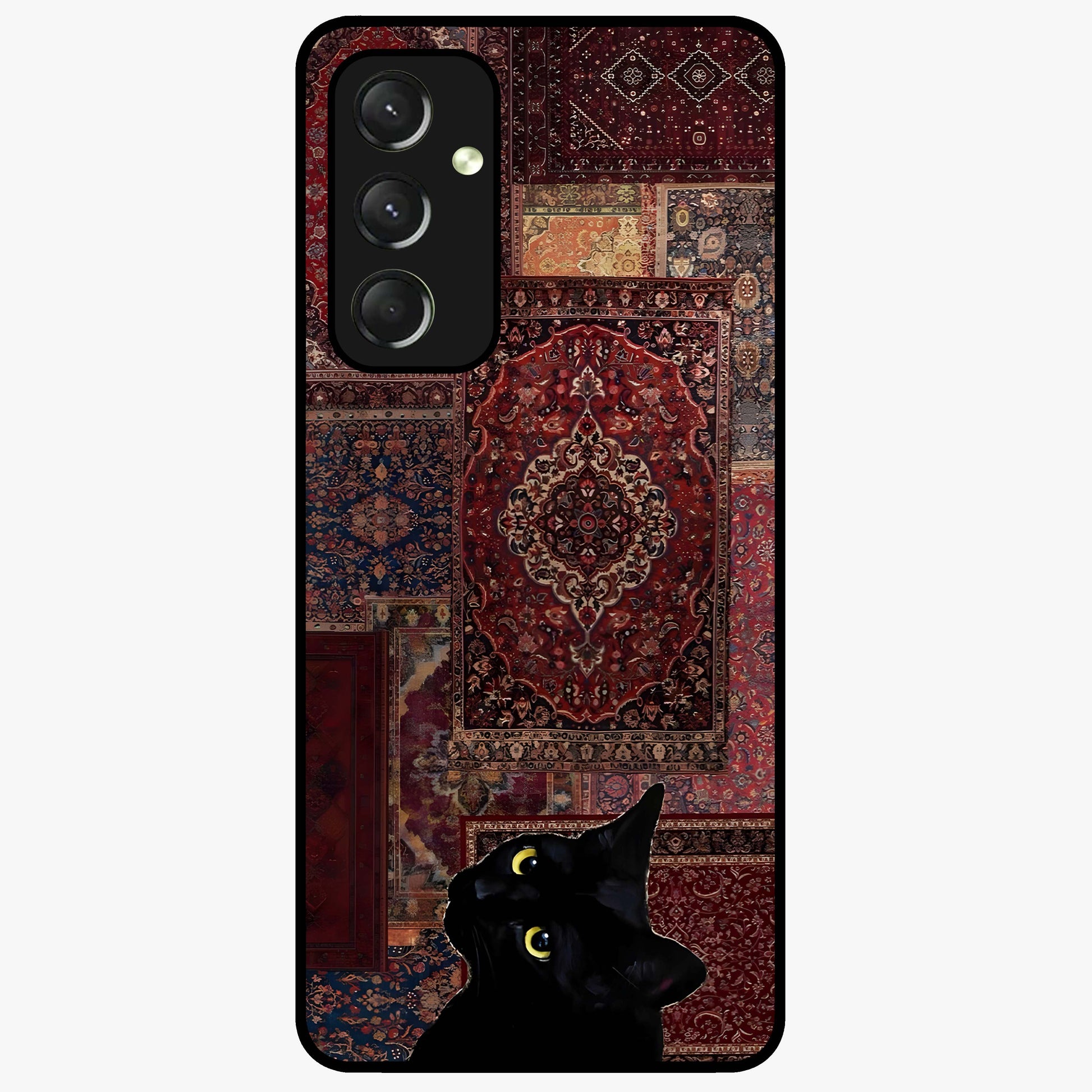 Regal Magic Cat Apple Glass Case showing flat back view with magical cat artwork holding apple and glossy glass finish.