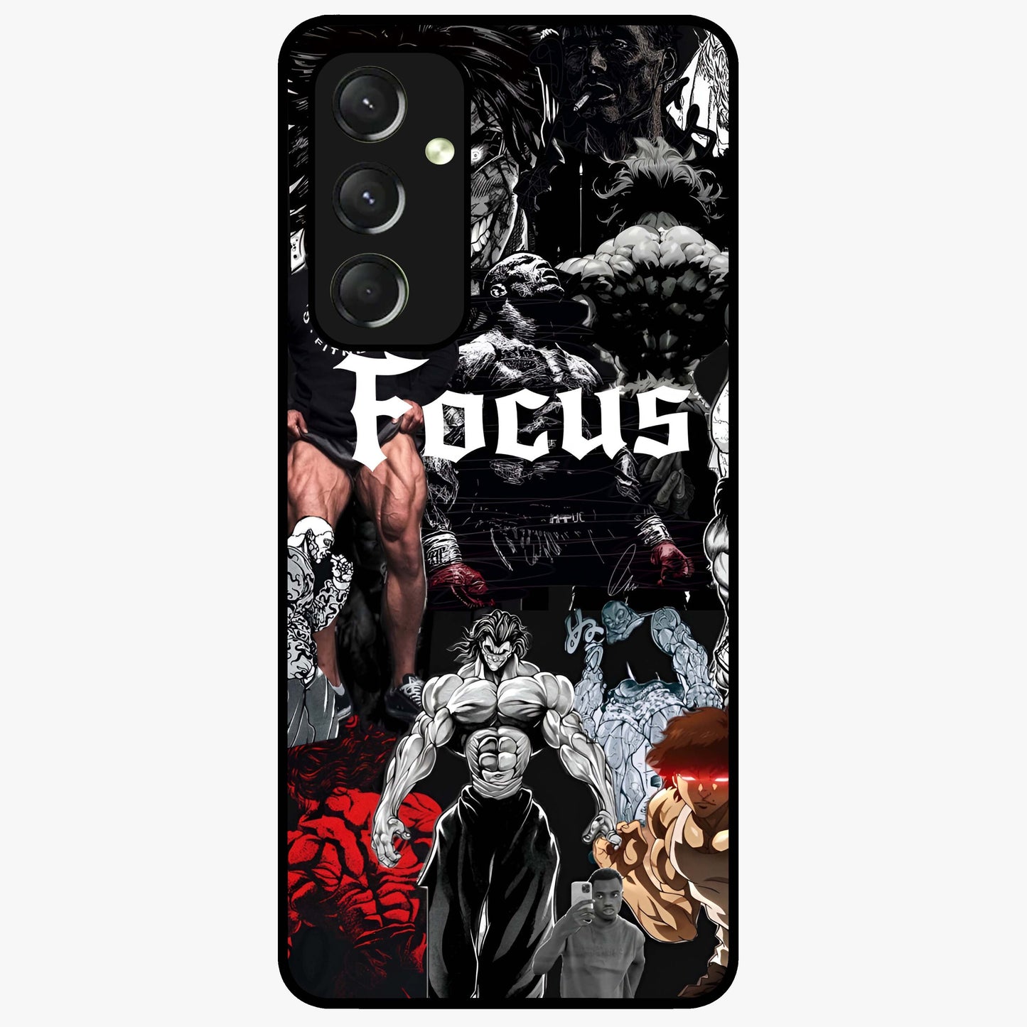 Relentless Power Focus Glass Case showing flat back view with motivational typography artwork and glossy glass finish.