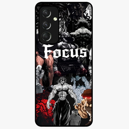 Relentless Power Focus Glass Case showing flat back view with motivational typography artwork and glossy glass finish.