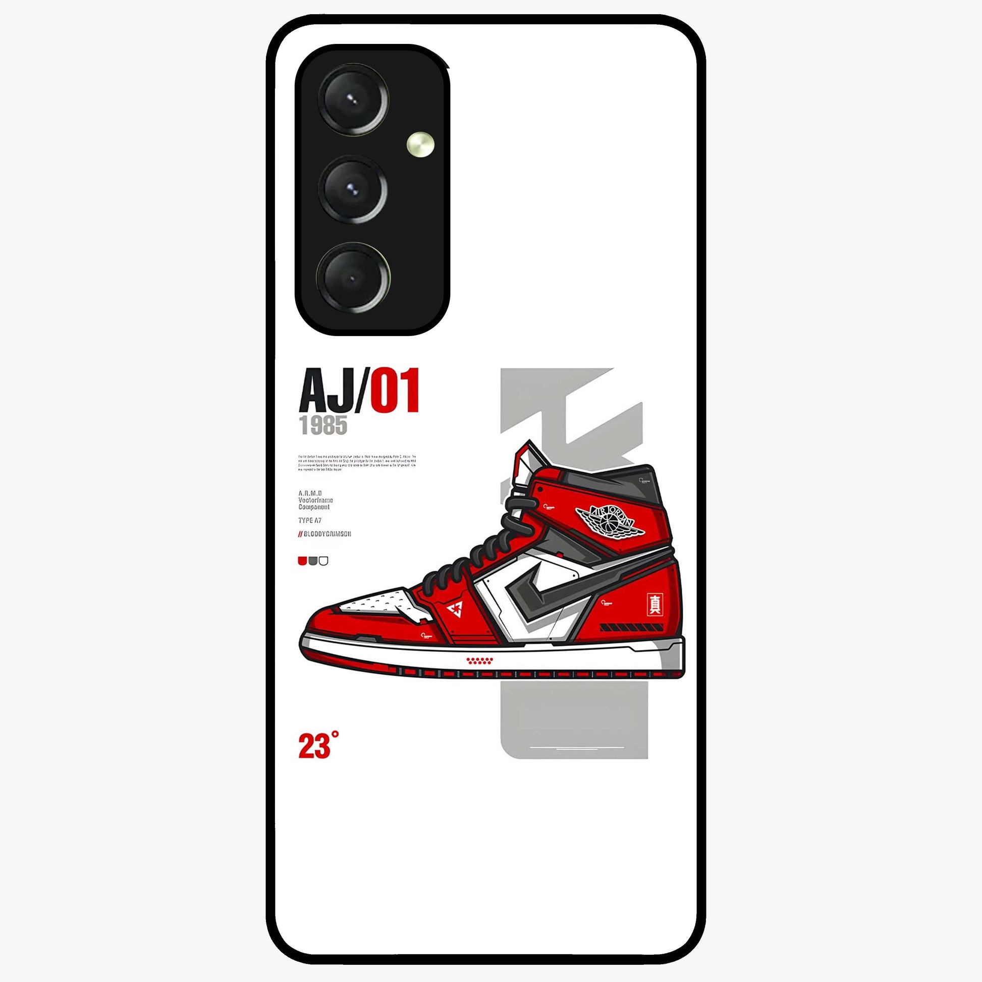 Retro Sneaker Blueprint Glass Case showing flat back view with sneaker blueprint style artwork and glossy glass finish.