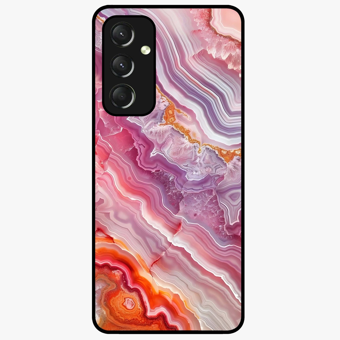 Rose Quartz Marble Glass Case showing flat back view with pink marble quartz texture artwork and glossy glass finish.