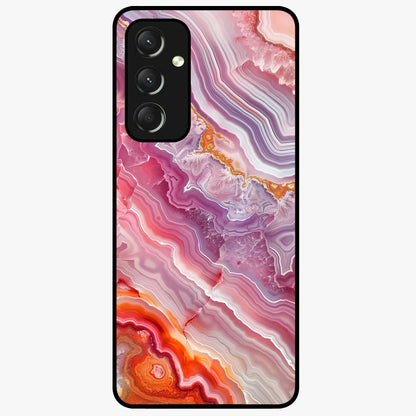 Rose Quartz Marble Glass Case showing flat back view with pink marble quartz texture artwork and glossy glass finish.
