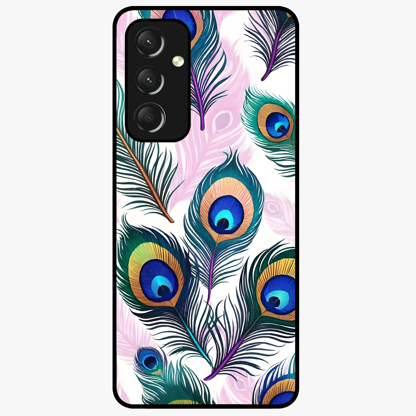 Royal Peacock Feathers Glass Case showing flat back view with colorful peacock feather artwork and glossy glass finish.