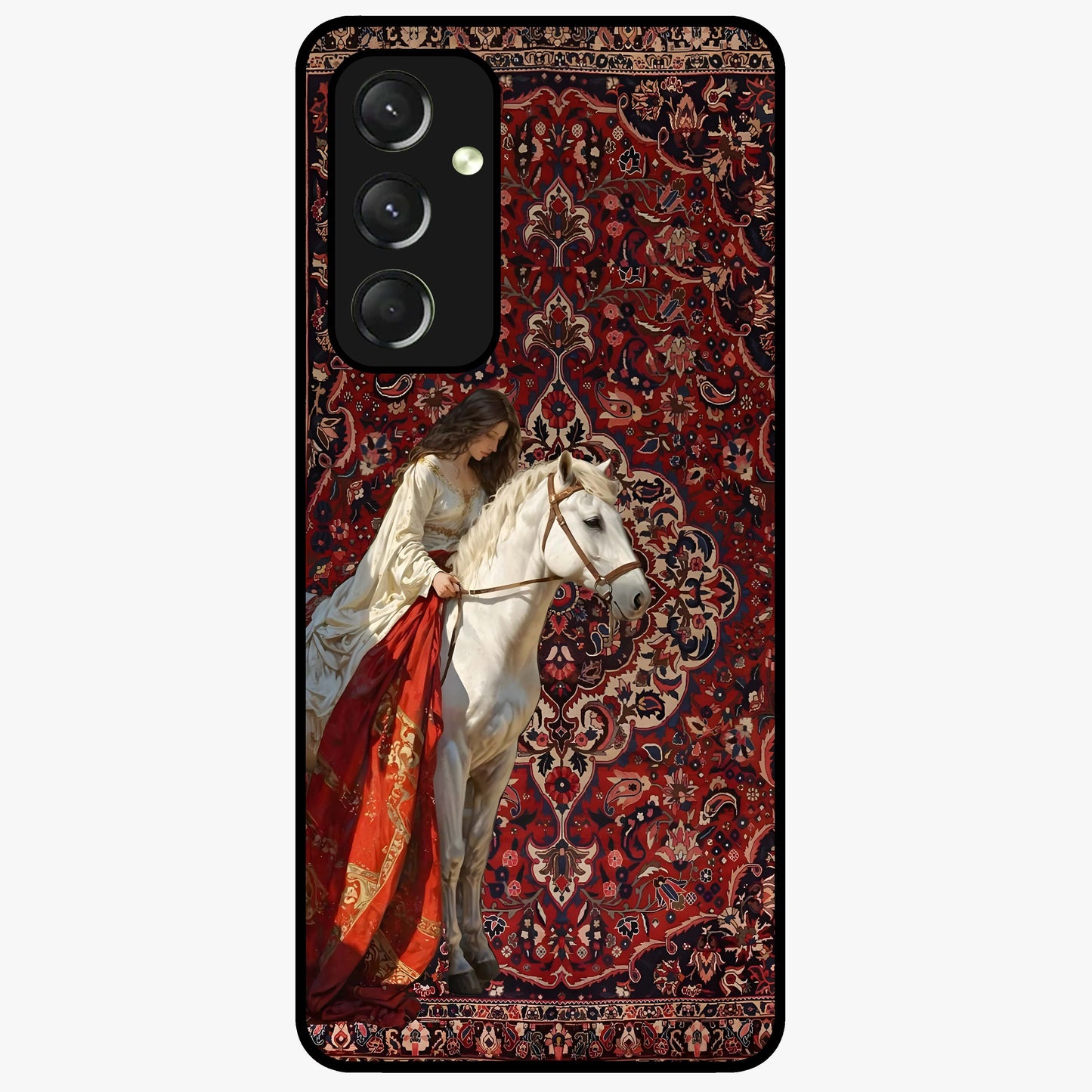 Royal Rider Tapestry Glass Case showing flat back view with majestic horse rider tapestry artwork and glossy glass finish.