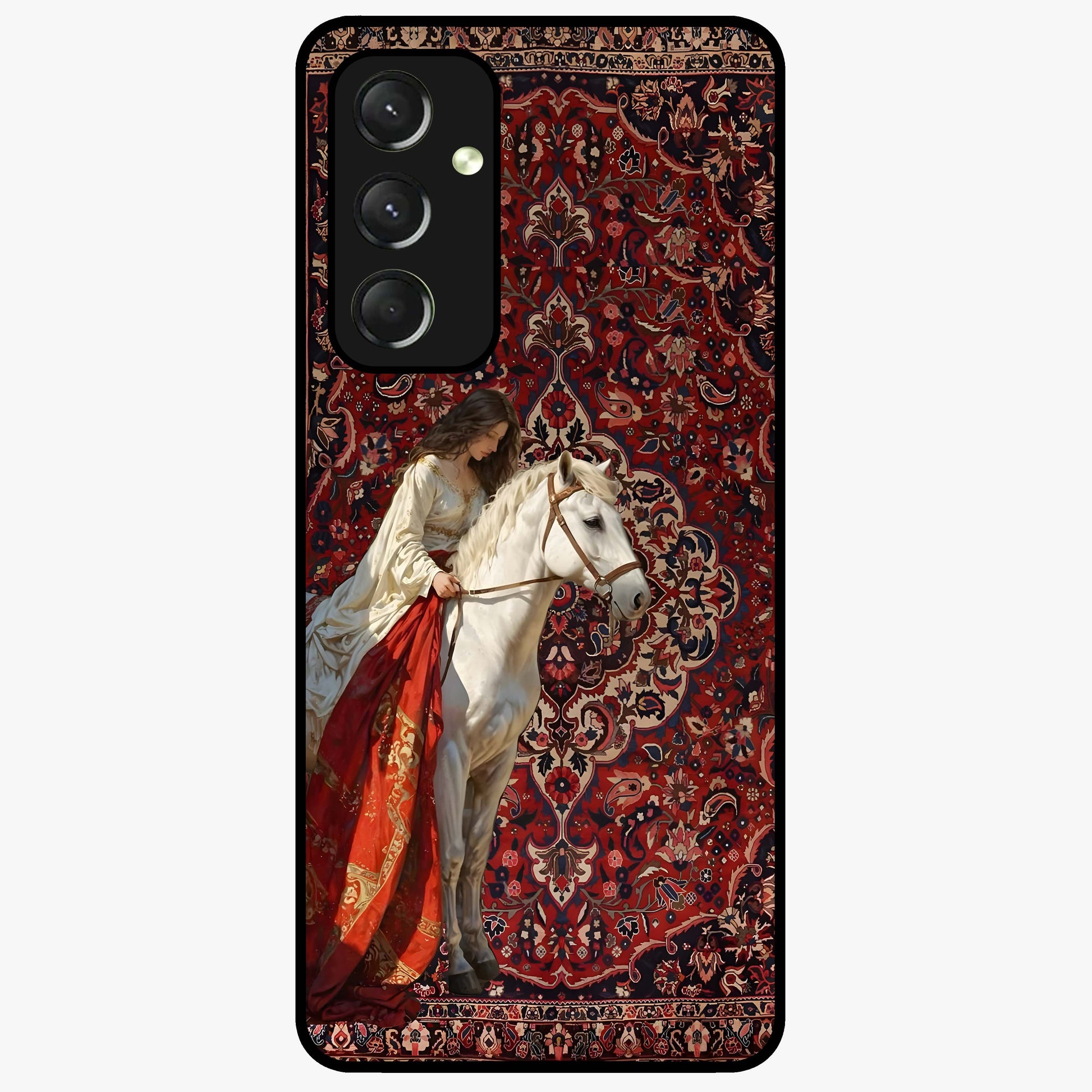 Royal Rider Tapestry Glass Case showing flat back view with majestic horse rider tapestry artwork and glossy glass finish.