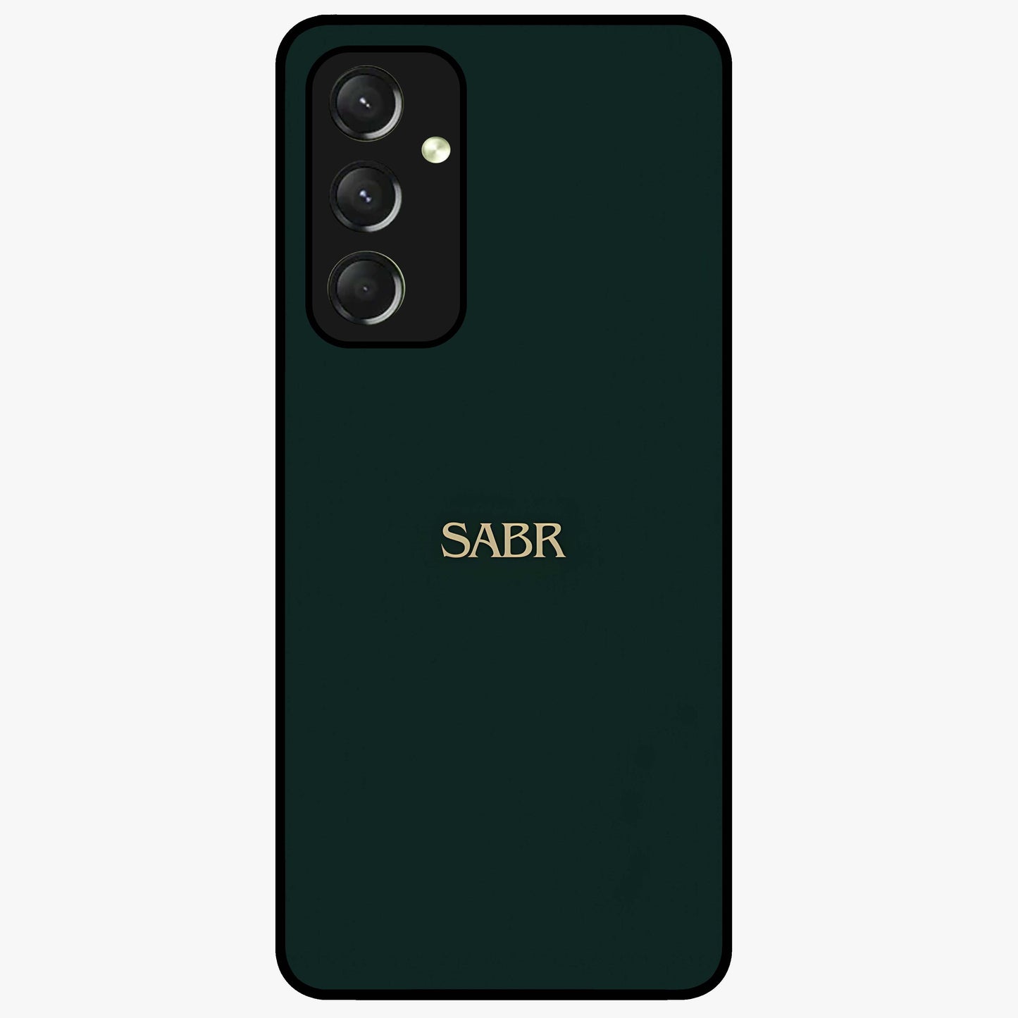 Sabr Minimal Patience Glass Case showing flat back view with minimalist typography artwork and glossy glass finish.