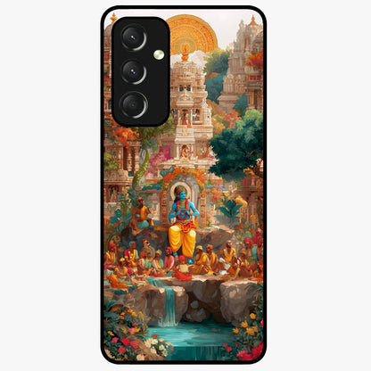 Sacred Sunlight Gods Glass Case showing flat back view with divine sunlight themed artwork and glossy glass finish.