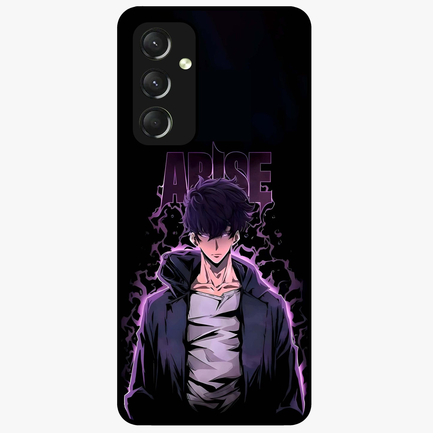 Shadow Monarch Awakening Glass Case showing flat back view with powerful dark monarch themed artwork and glossy glass finish.