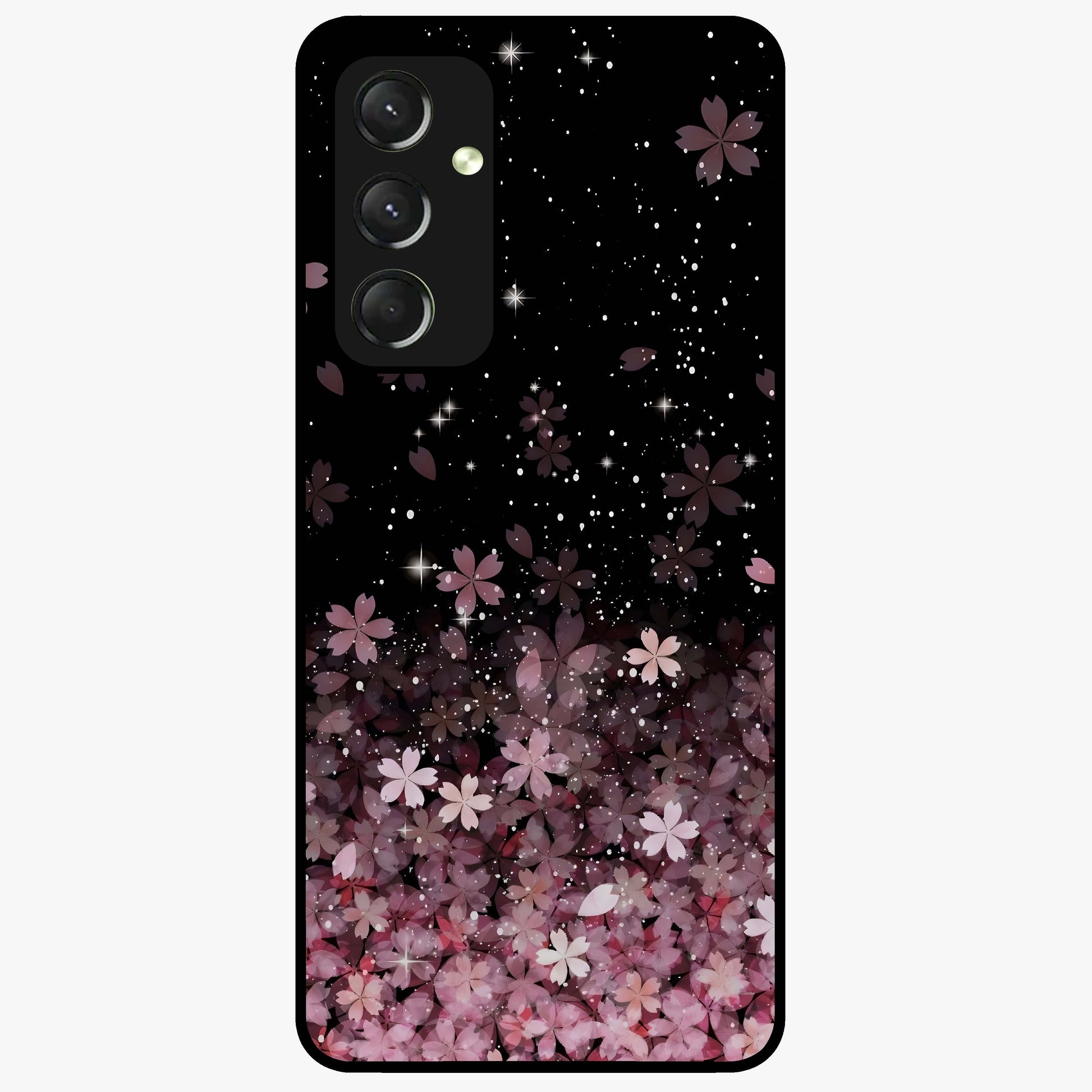 Small Starry Flowers Glass Case showing flat back view with delicate starry floral artwork and glossy glass finish.