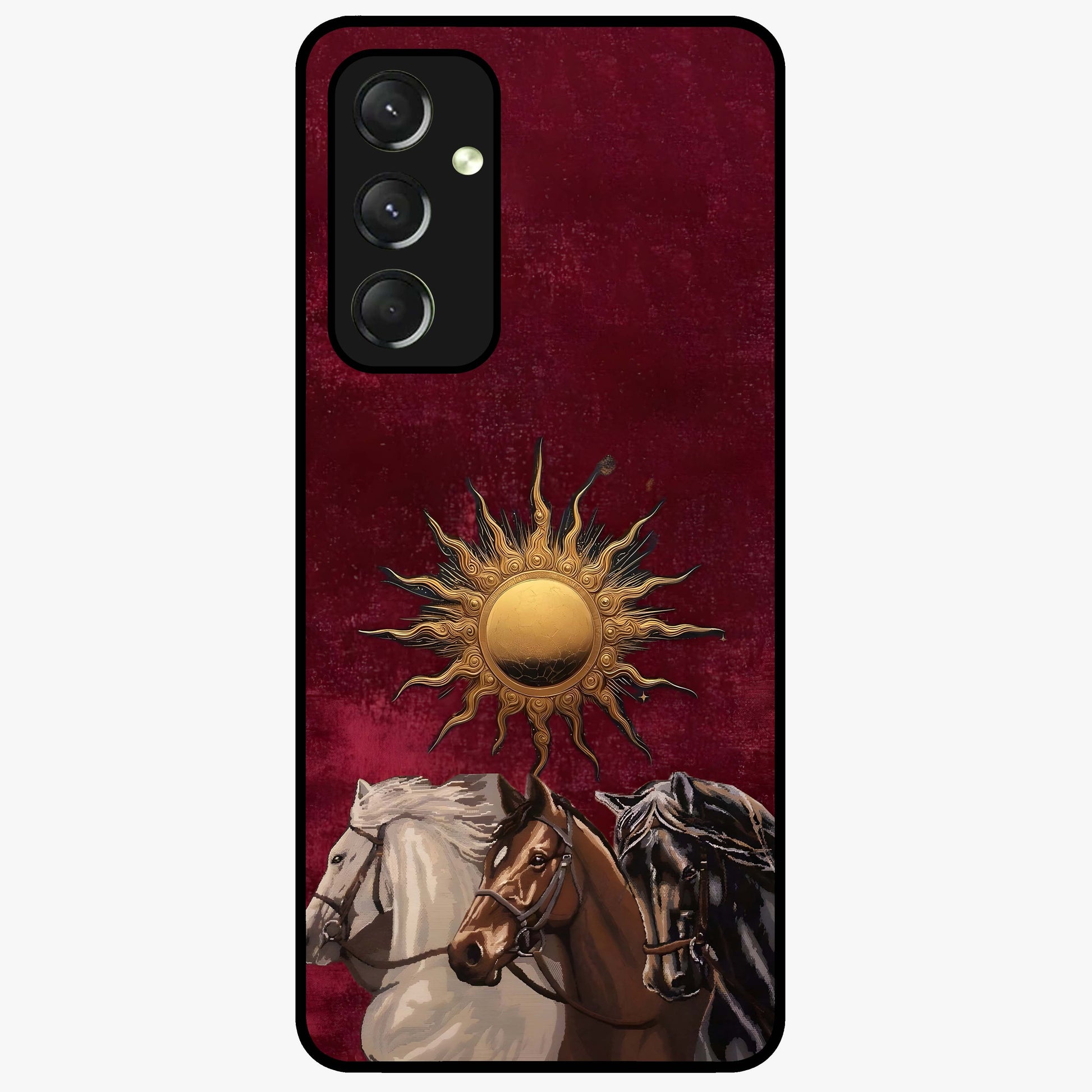 Solar Riders Glass Case showing flat back view with dynamic rider themed artwork and glossy glass finish.