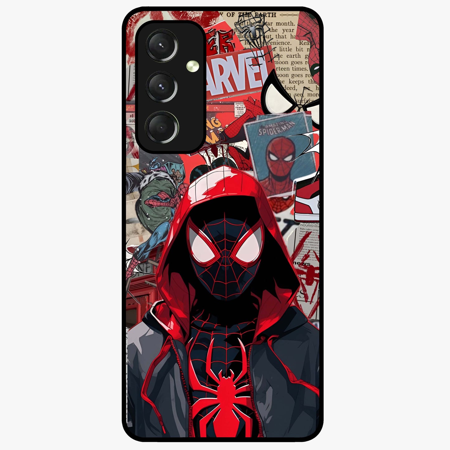 Spider Collage Street Glass Case showing flat back view with vibrant superhero collage artwork and glossy glass finish.