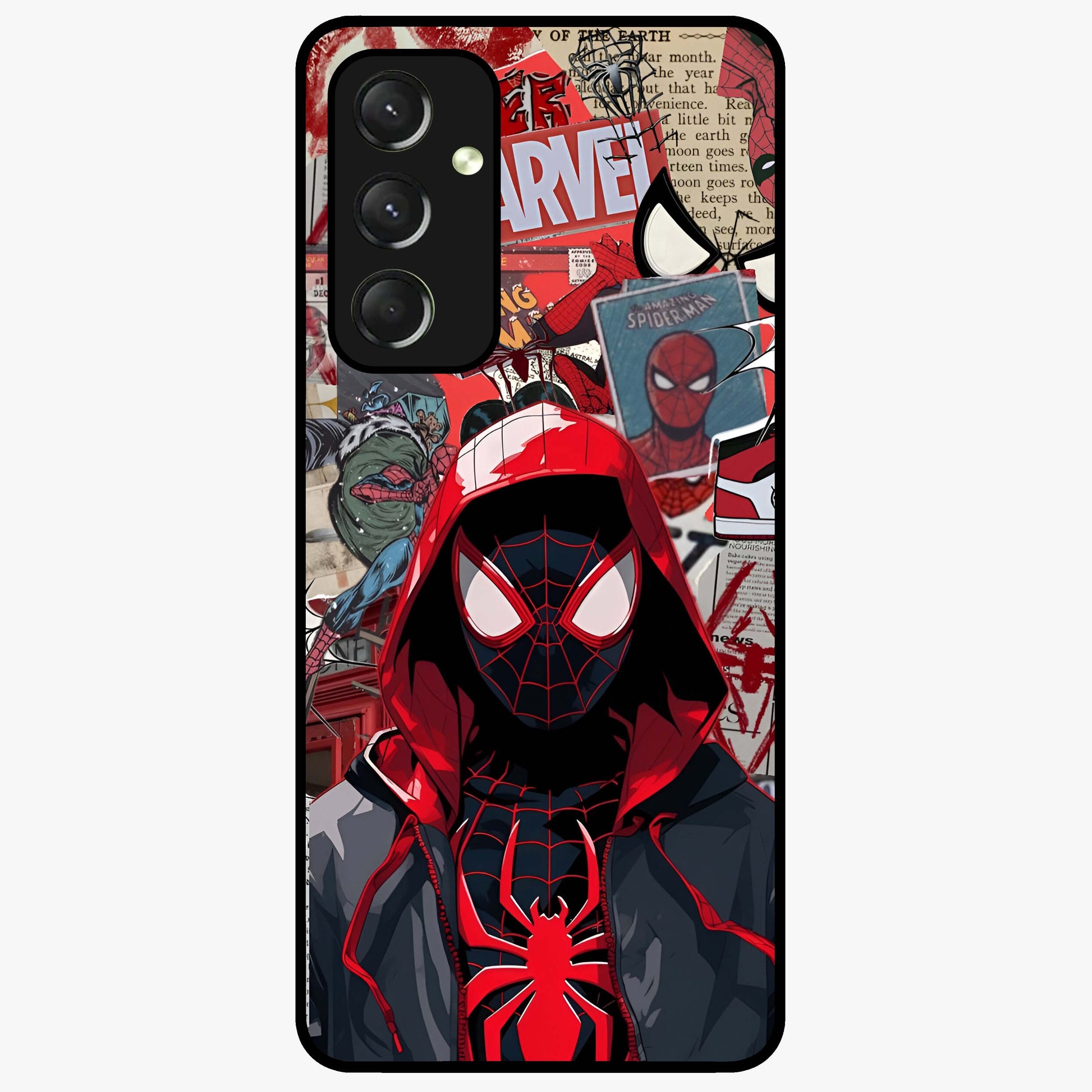 Spider Collage Street Glass Case showing flat back view with vibrant superhero collage artwork and glossy glass finish.