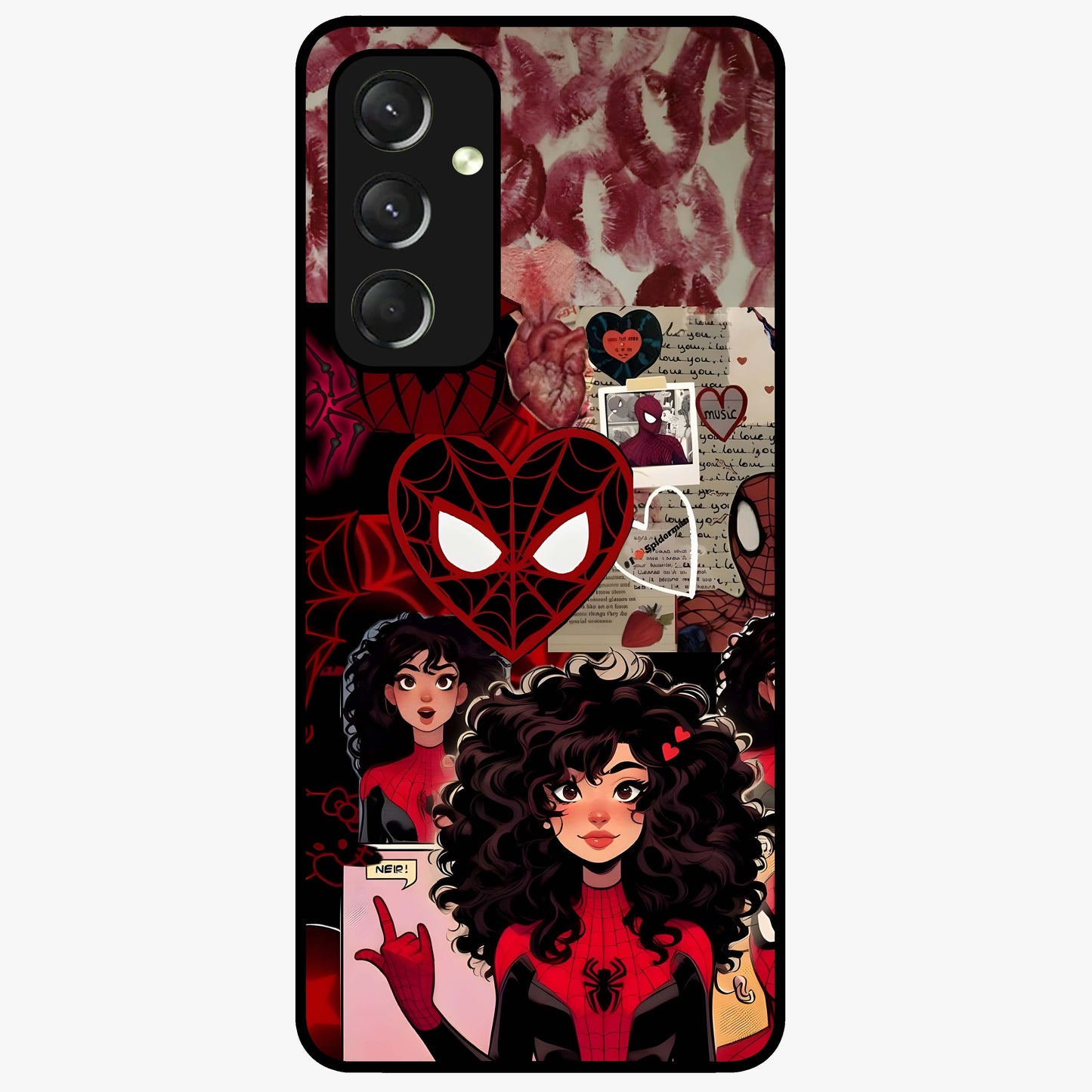 Spider Love Story Glass Case showing flat back view with romantic superhero themed artwork and glossy glass finish.