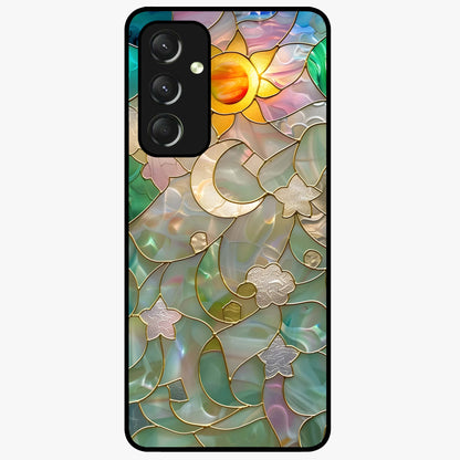 Stained Sunrise Glow Glass Case showing flat back view with glowing sunrise stained pattern artwork and glossy glass finish.