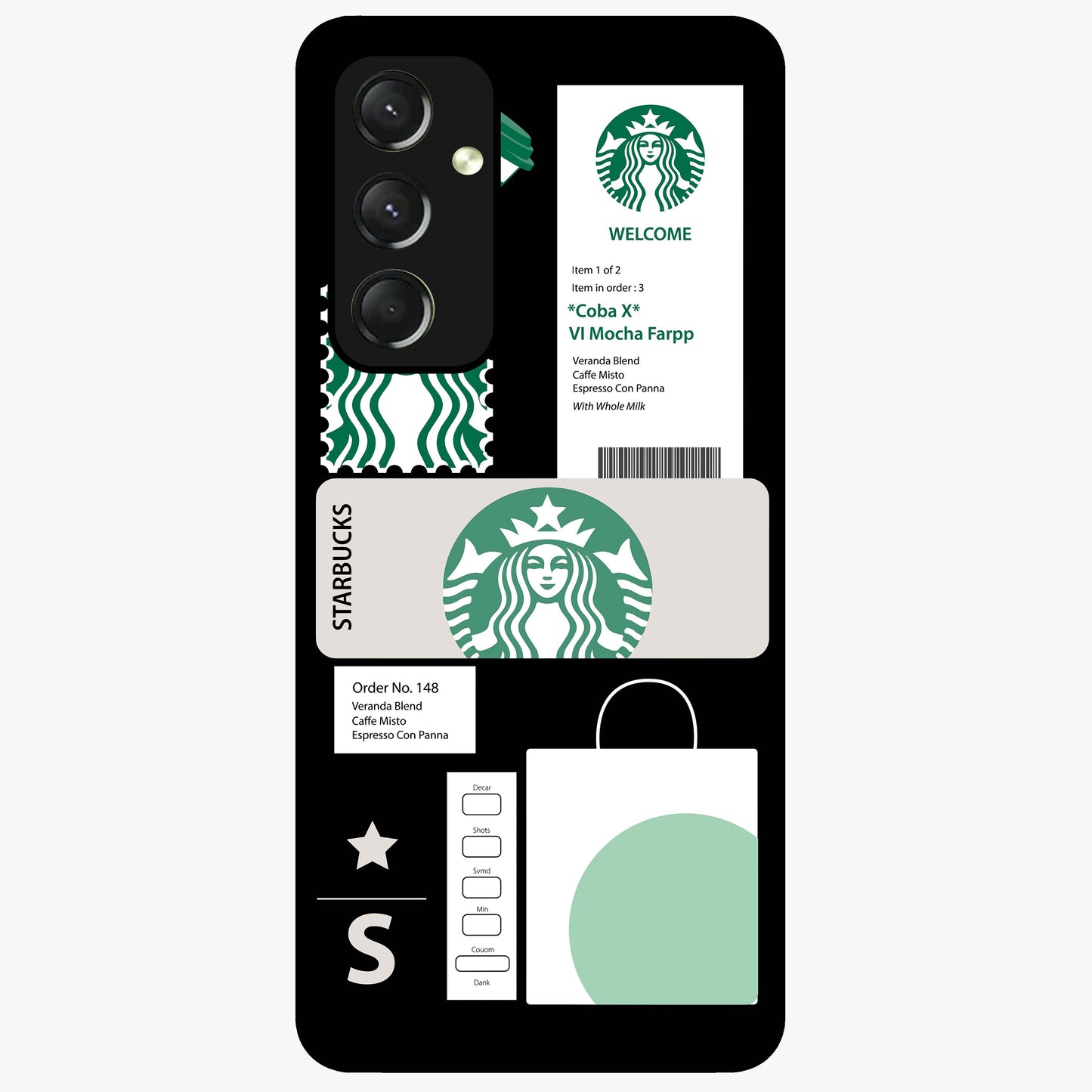 Starbucks Mocha Glass Case showing flat back view with coffee inspired artwork and glossy glass finish.