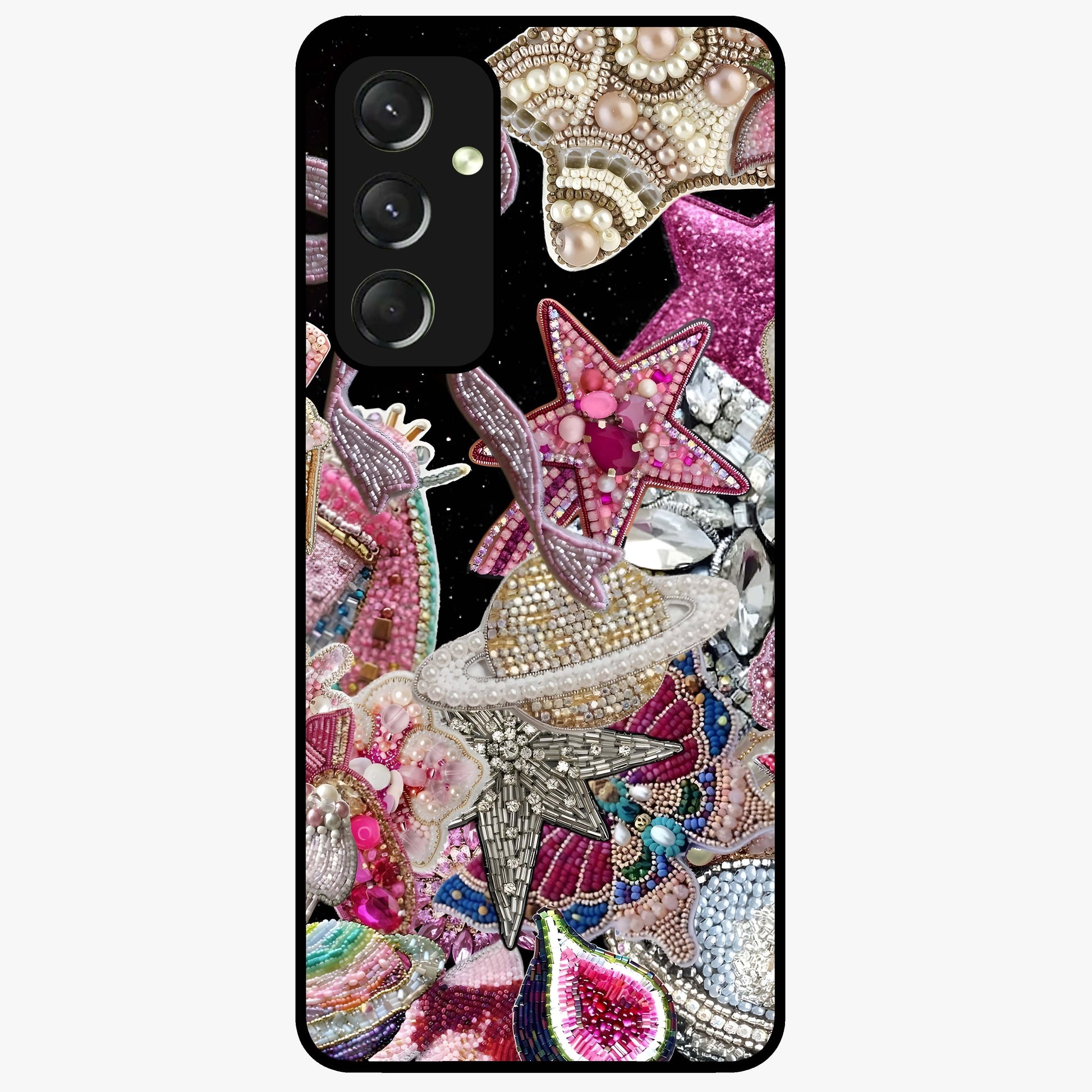 Starlit Jewel Dream Glass Case showing flat back view with sparkling jewel and star themed artwork and glossy glass finish.