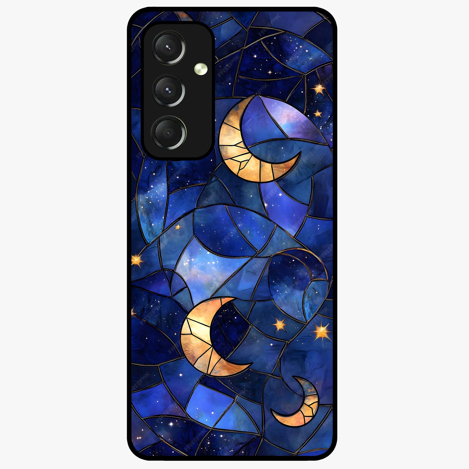 Starlit Sky Tapestry Glass Case showing flat back view with decorative starry sky tapestry artwork and glossy glass finish.