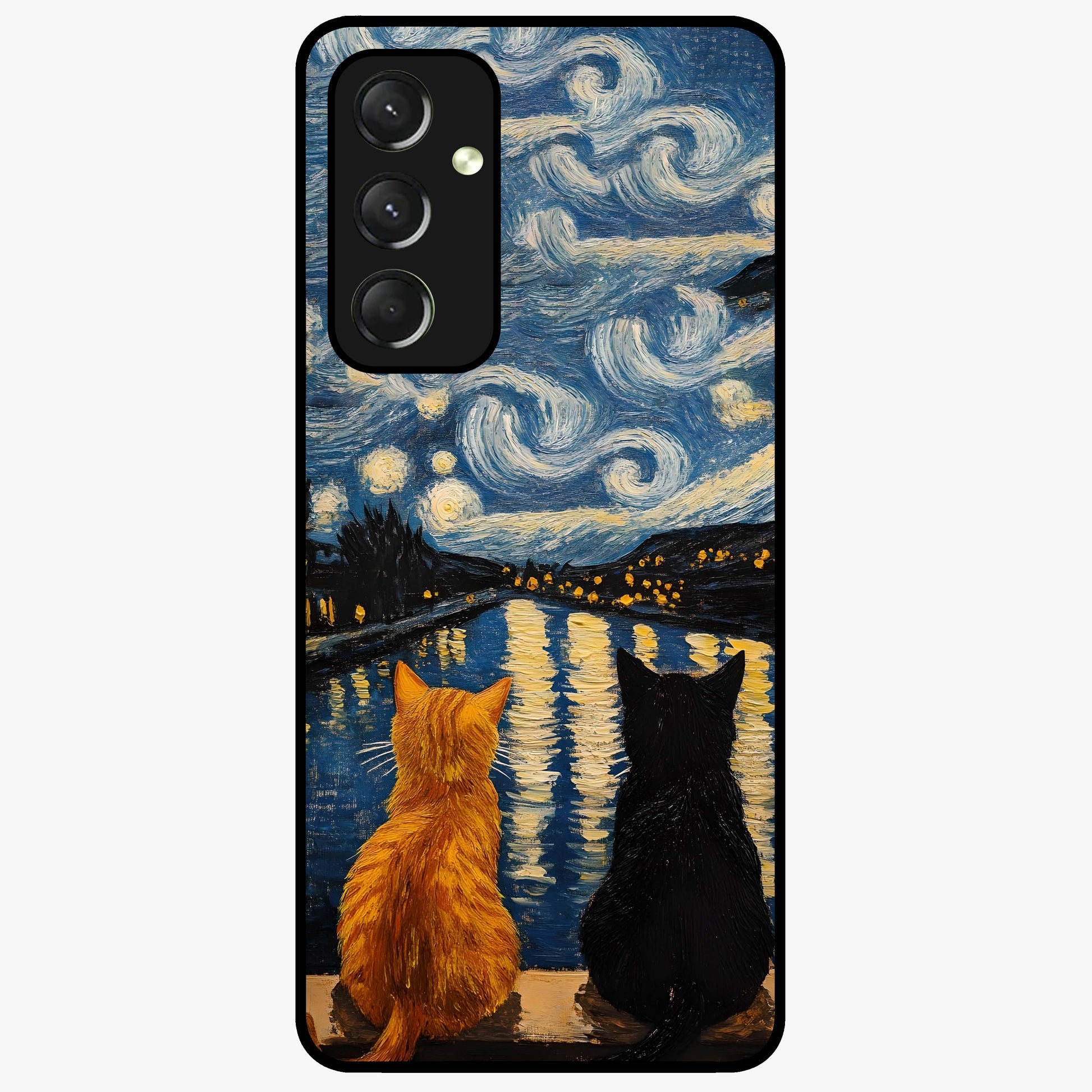 Starry River Cats Glass Case showing flat back view with cats by a starry river artwork and glossy glass finish.