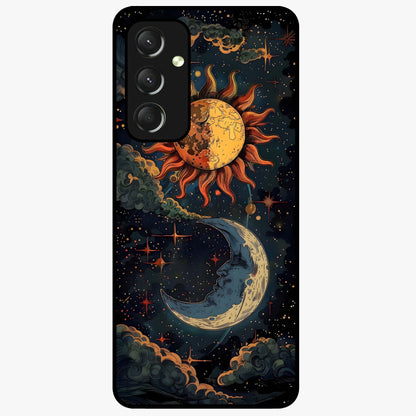 Sun And Moon Magic Design Glass Case showing flat back view with mystical sun and moon artwork and glossy glass finish.
