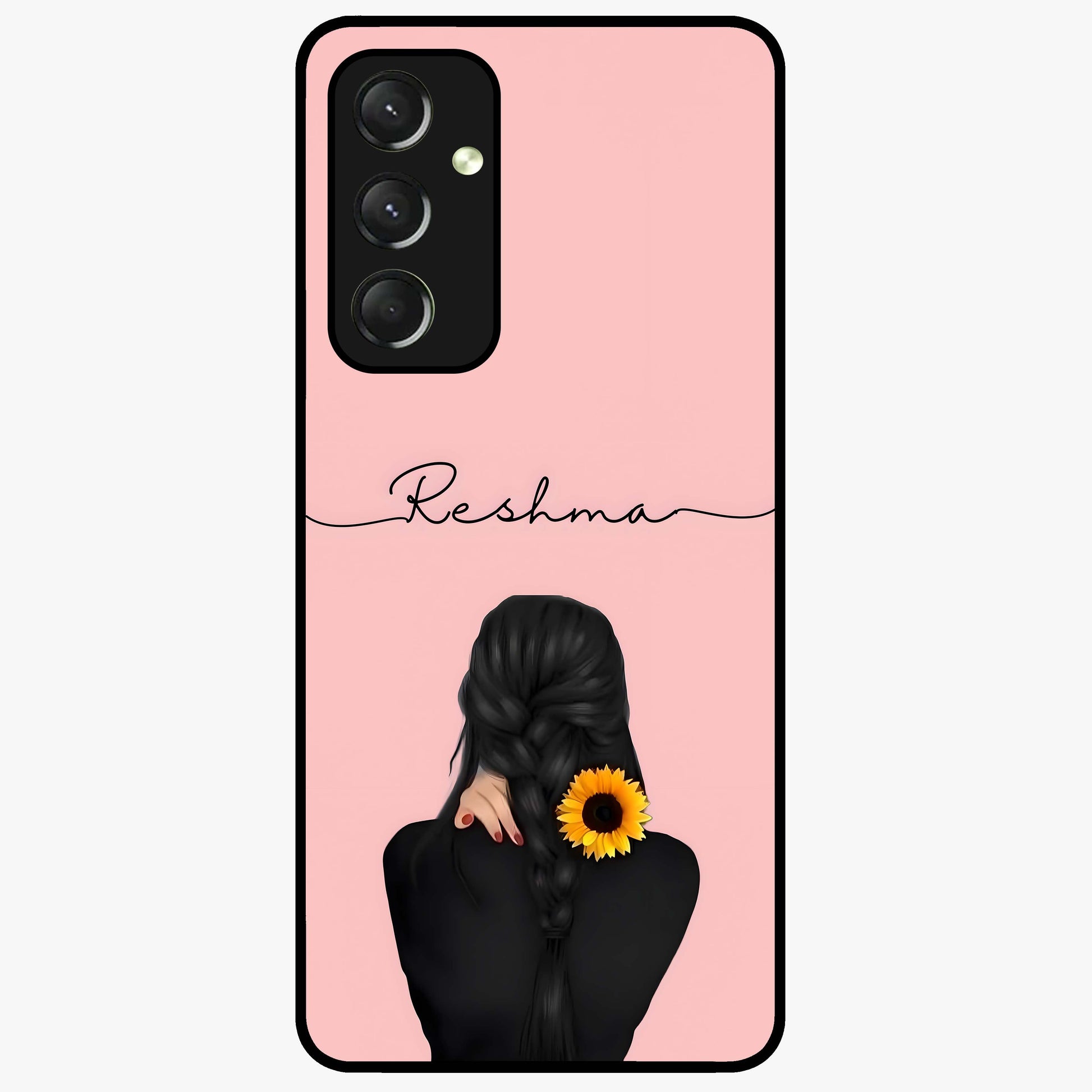 Sunflower Braid Beauty With Custom Name Glass Case showing flat back view with sunflower braid artwork and personalized name design.