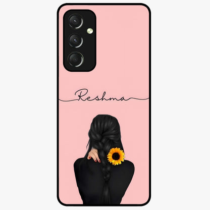 Sunflower Braid Beauty With Custom Name Glass Case showing flat back view with sunflower braid artwork and personalized name design.