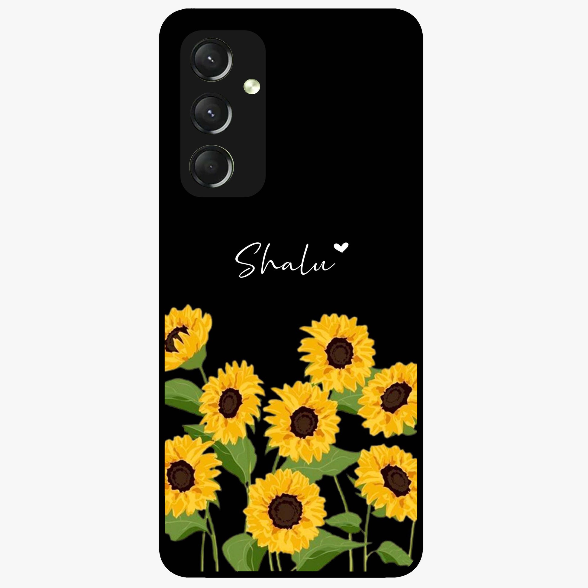 Sunflower Chic Mood Custom Name Glass Case showing flat back view with stylish sunflower artwork and personalized name design.