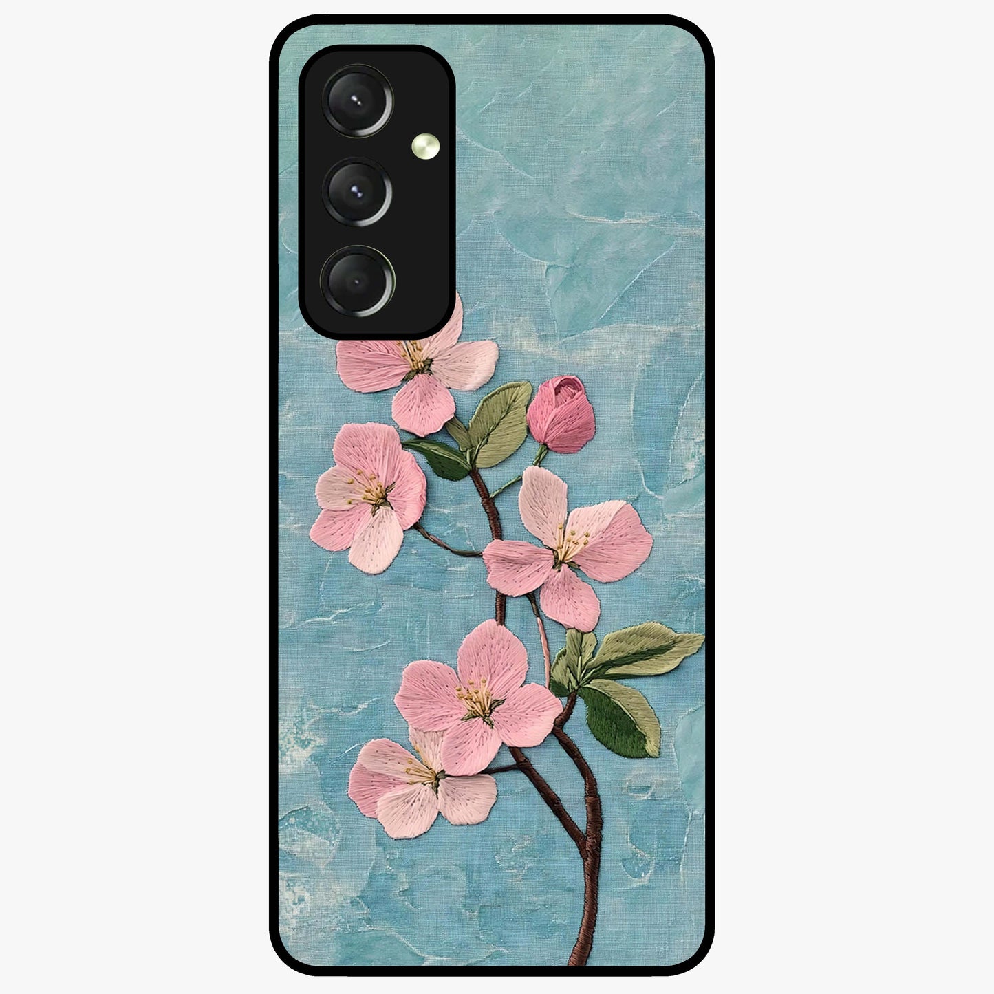 Threaded Blossom Breeze Glass Case showing flat back view with delicate blossom artwork and glossy glass finish.