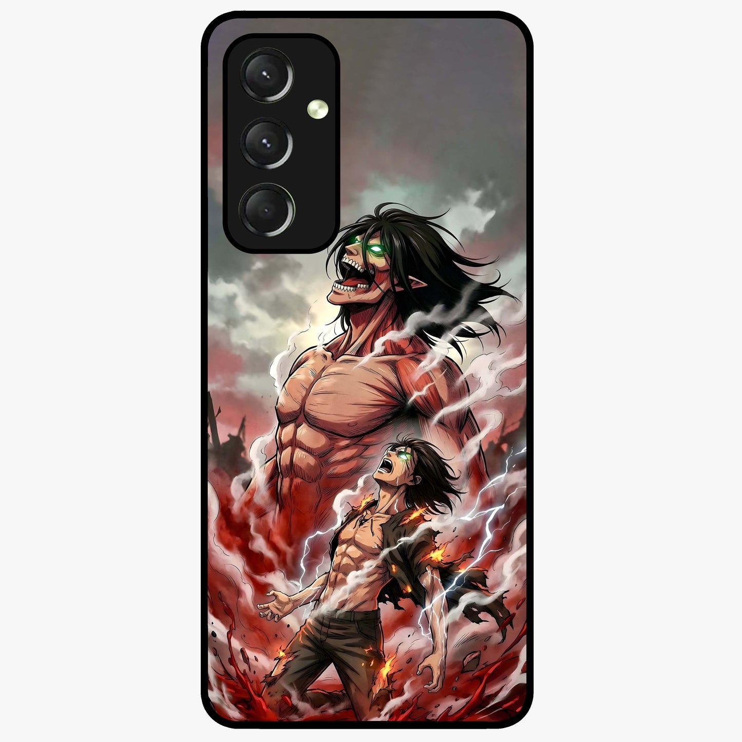 Titan Awakening Fury Glass Case showing flat back view with powerful titan inspired artwork and glossy glass finish.