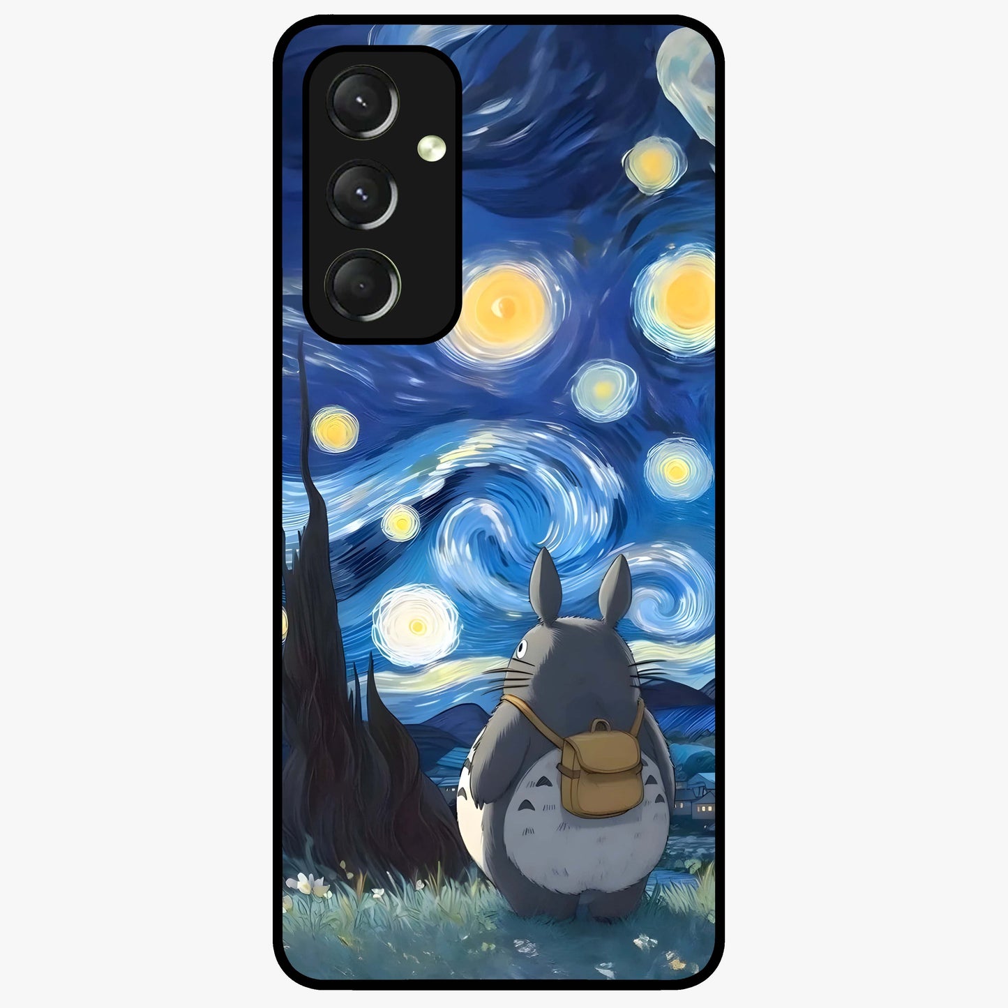 Totoro In Van Gogh Art Glass Case showing flat back view with whimsical character artwork inspired by Van Gogh style and glossy glass finish.