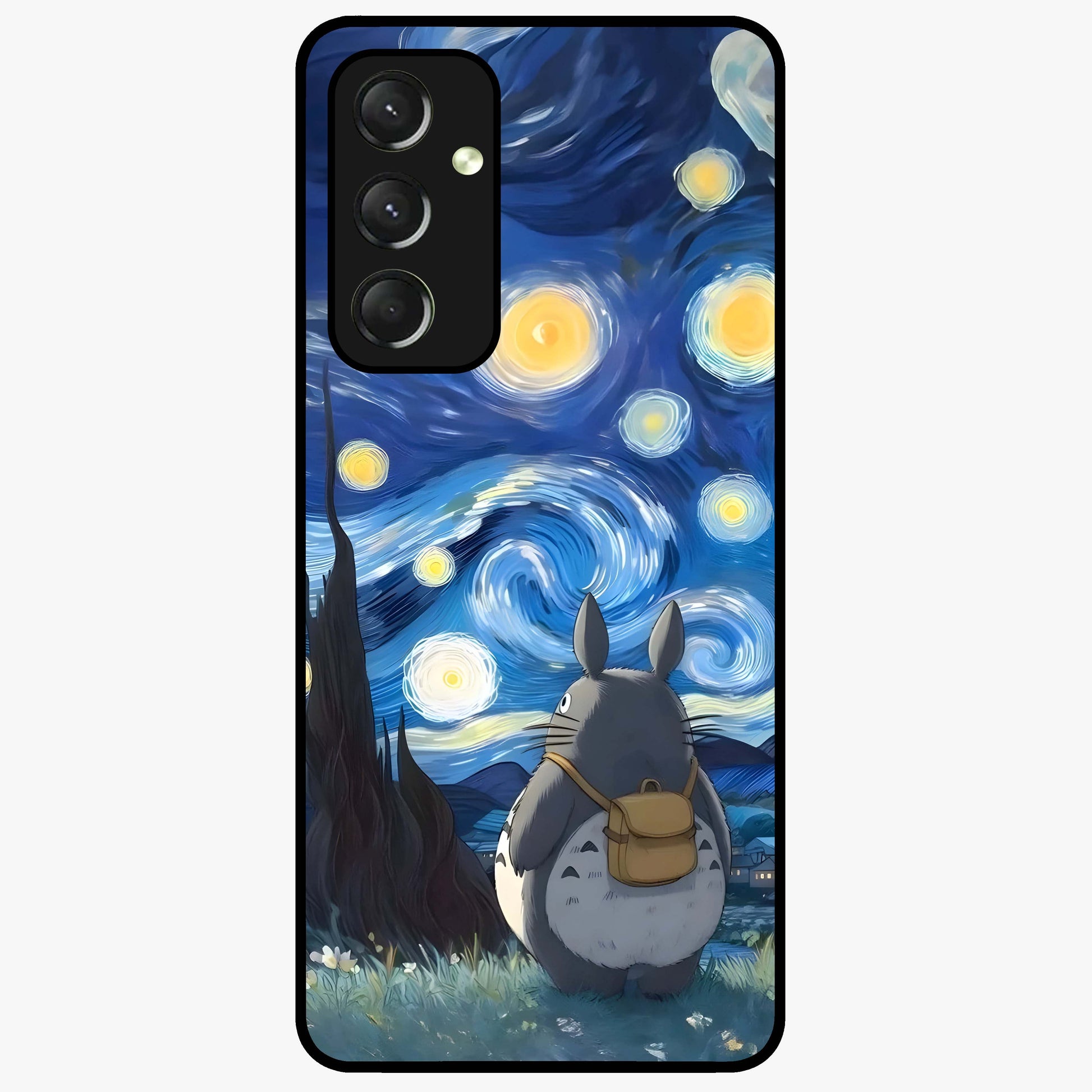 Totoro In Van Gogh Art Glass Case showing flat back view with whimsical character artwork inspired by Van Gogh style and glossy glass finish.